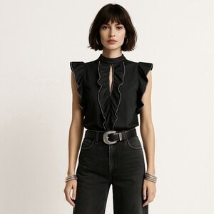 Alexis Top M Mariena Black Ruffle Whimsigoth Dark Romantic Witchy Keyhole Blouse